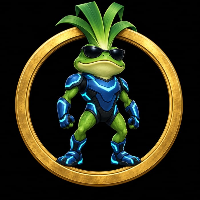 Leekfrog coin logo featuring a green frog with a broad mouth, leafy crest, and dark sunglasses.