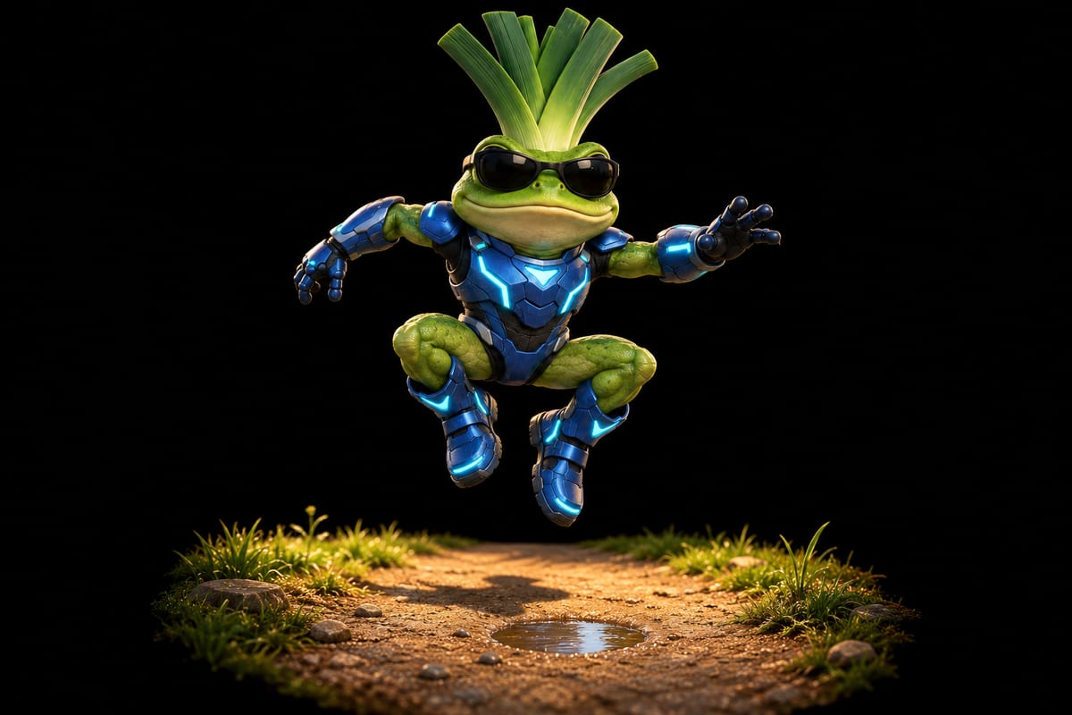 Leekfrog practicing a leap, leafy crest lifted above dark sunglasses and blue-and-cyan armor.