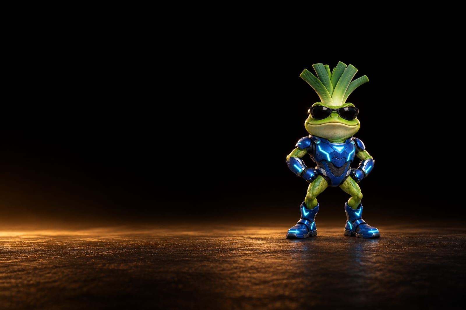 Full-body Leekfrog standing confidently on bent frog legs against black, with a broad mouth, leek-leaf crest, dark sunglasses, and blue armor, gloves, and boots with bright cyan accents.
